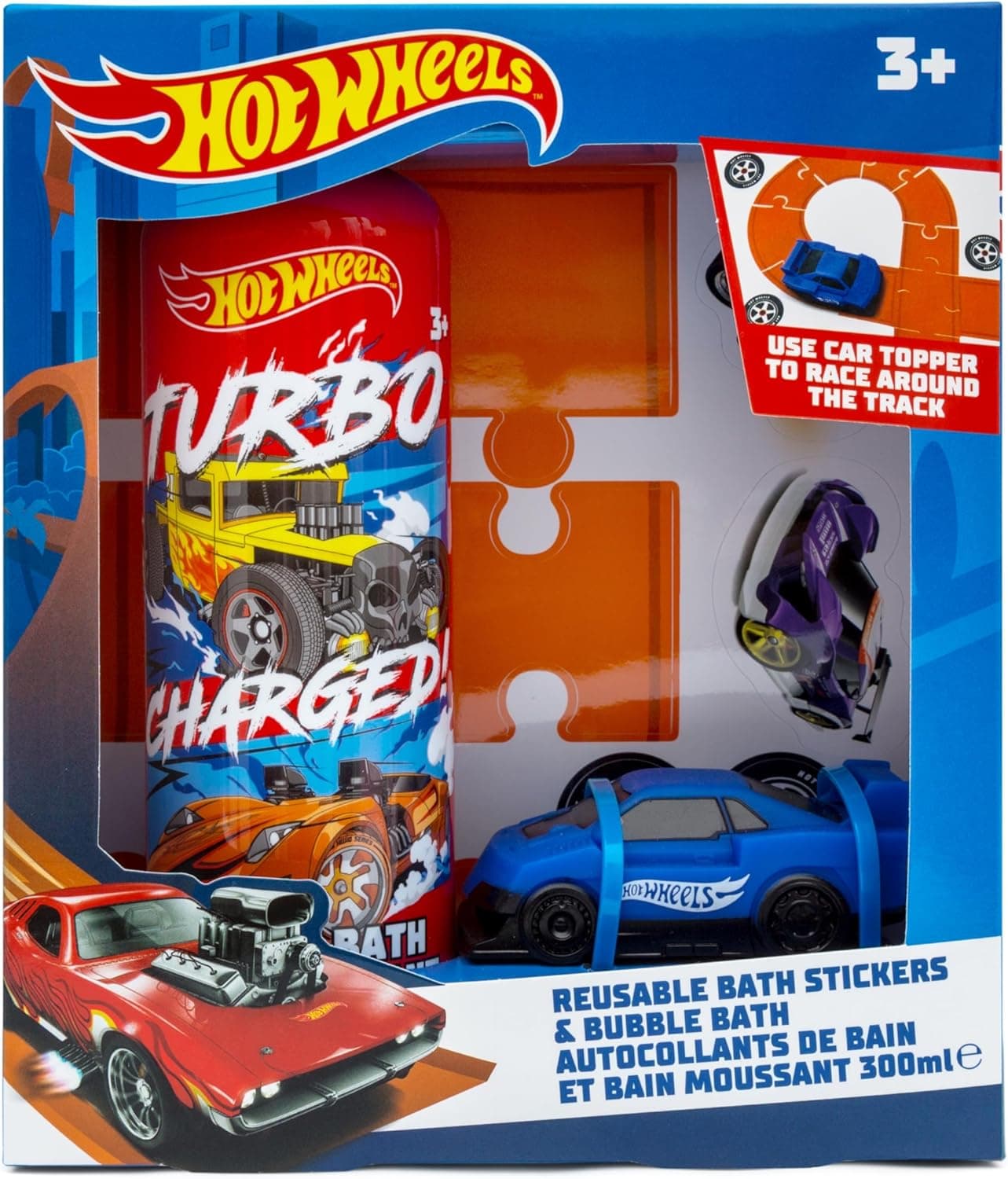 Hot Wheels Childrens Bath Stickers Bubble Bath Set Set Includes Bath Toy Car Bubble Bath 300ml and Bath Racing Track Stickers Reusable