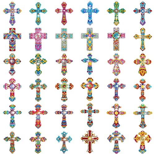 36 Pcs Cross Diamond Painting Keychains 5d Double Sided Cross Shaped Diamond Art Keychains for DIY Adults Crafts Home Decor Gift Party Favors