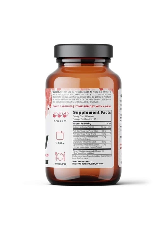 zuACV - Apple Cider Vinegar (ACV) Prebiotic Supplement to Support Gut Health, Digestion, and Healthy Bacteria - Made with ACV Powder, Inulin Root - (30 Day Supply, 90 Capsules)