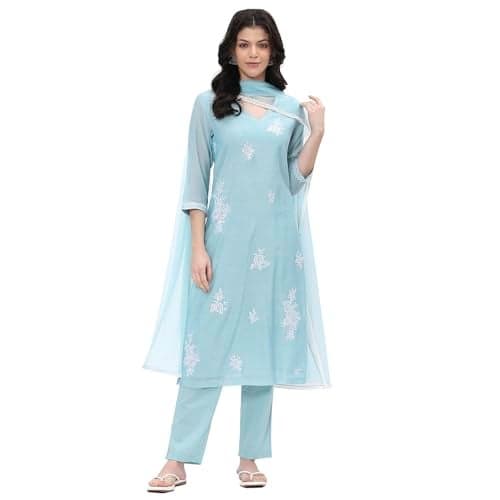 BIBA women Aqua Polyester Straight Kurta Set_32