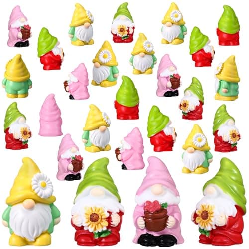 Colingmill 30 Pcs Mini Gnomes Figurine Mini Resin Gnome Bulk Miniature Daisy Sunflower Gnome Statues Fairy Garden Accessories for Summer Table Landscape Patio Yard Lawn Plant Pots Home Decor