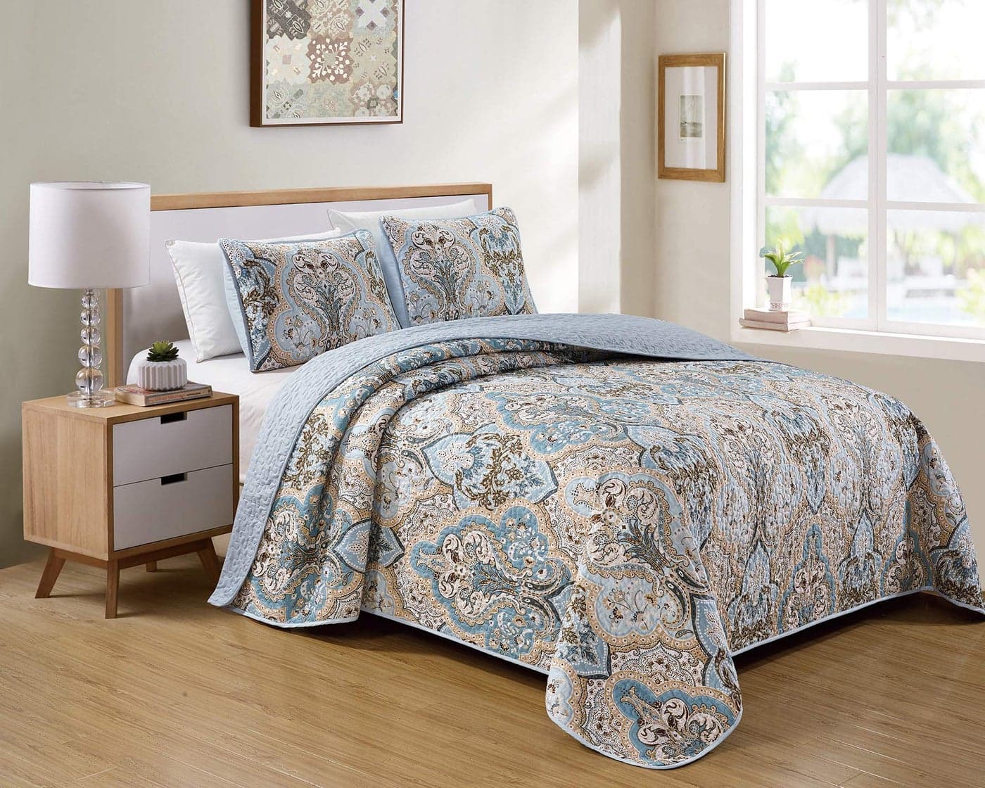 Kids Zone Home Linen Bedspread Set Damask Pattern Light Blue White Beige and Brown New KingCalifornia King