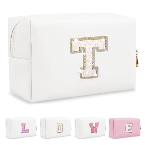 Small Initial Patch Makeup Bag Personalized Gifts Make Up Bag,White Cute PU Leather Glitter Letter Cosmetic Bag with Zipper,Trendy Portable Travel Toiletry Pouch,Preppy Stuff for Teen Girls Women T
