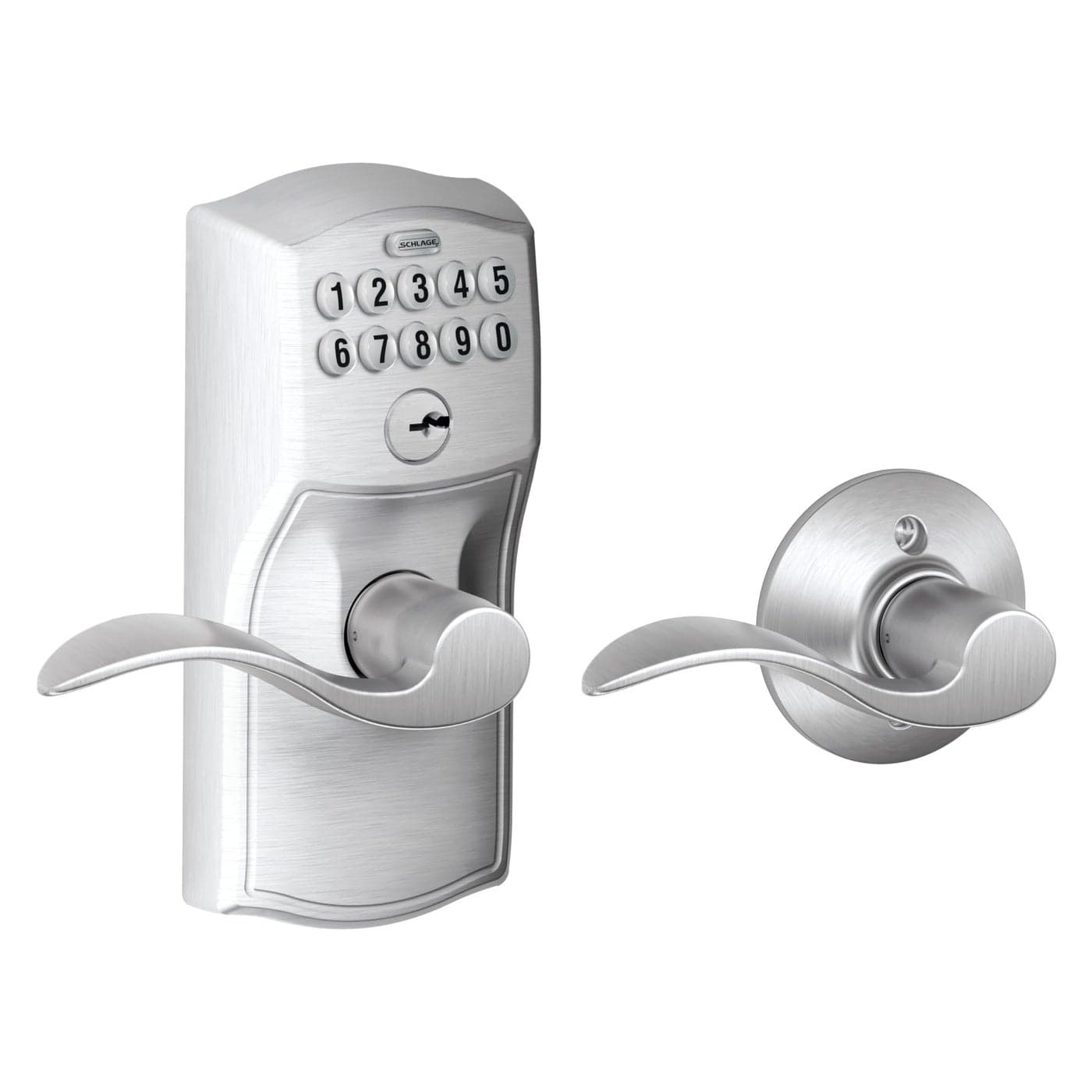 Schlage FE575 CAM 626 ACC Camelot Keypad Lock with Accent Lever AutoLock Electronic Keyless Entry Satin Chrome