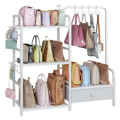 Purse Organizer for Closet, with Bottom Drawer, Extra Large Capacity 3 Tier Handbag Storage Rack for Women, 10 Purse Hanger and Hooks for Bag Organizer, Floor-Standing, Home, Living Room (White)