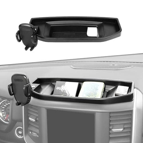 JeCar Dash Phone Holder Dashboard Cellphone Clamp Upgrade Alluminum Alloy Ball Mount with Storage Tray Interior Accessories Compatible with RAM Truck 2018-2022, Do Not Fit 12-inch Screen Model