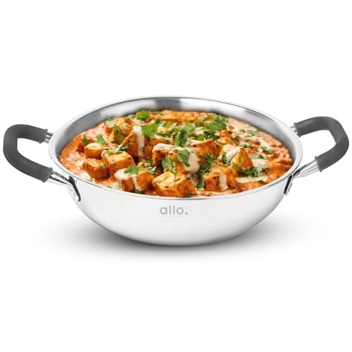 Allo Triply Stainless Steel Kadhai with Handles|Perfect Kadhai for Curry/Stir-Fry/Deep-Fry/DryVeg/Saute Induction Friendly Naturally Non-Stick | 10 Years Warranty, 28cm, 4 litres Without lid