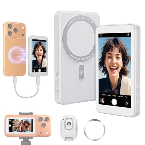 Vlog Selfie Monitor Screen for iPhone 17 Series & Android,Built-in Speaker,Wireless & Wired Magnetic 4K/1080P Phone Back Camera Monitor with Remote Control for Live Stream TikTok (White)