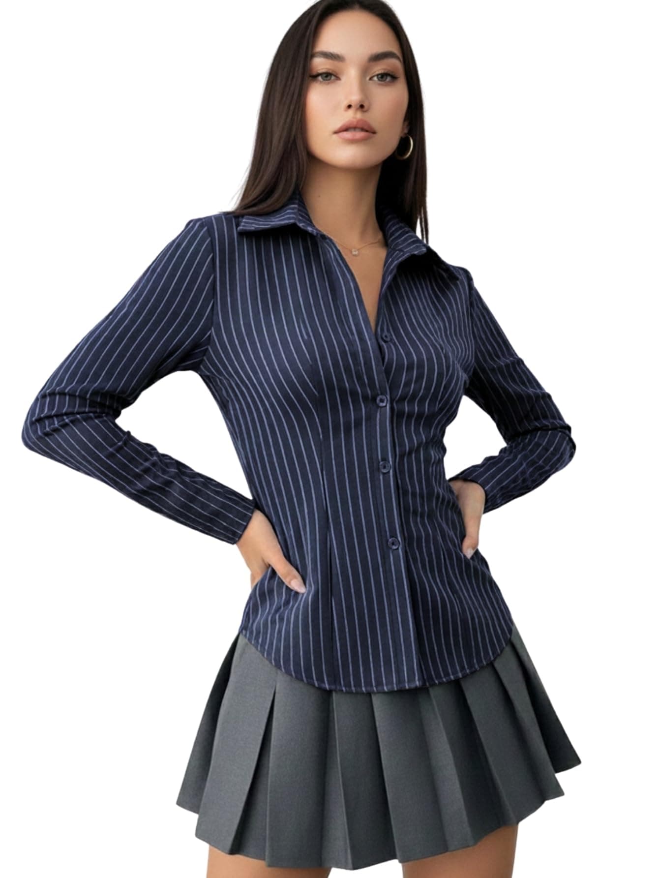 Aahwan Blue Striped Front Button Long Sleeve Casual Shirt for Women's & Girl's(354-SBlue-XS)