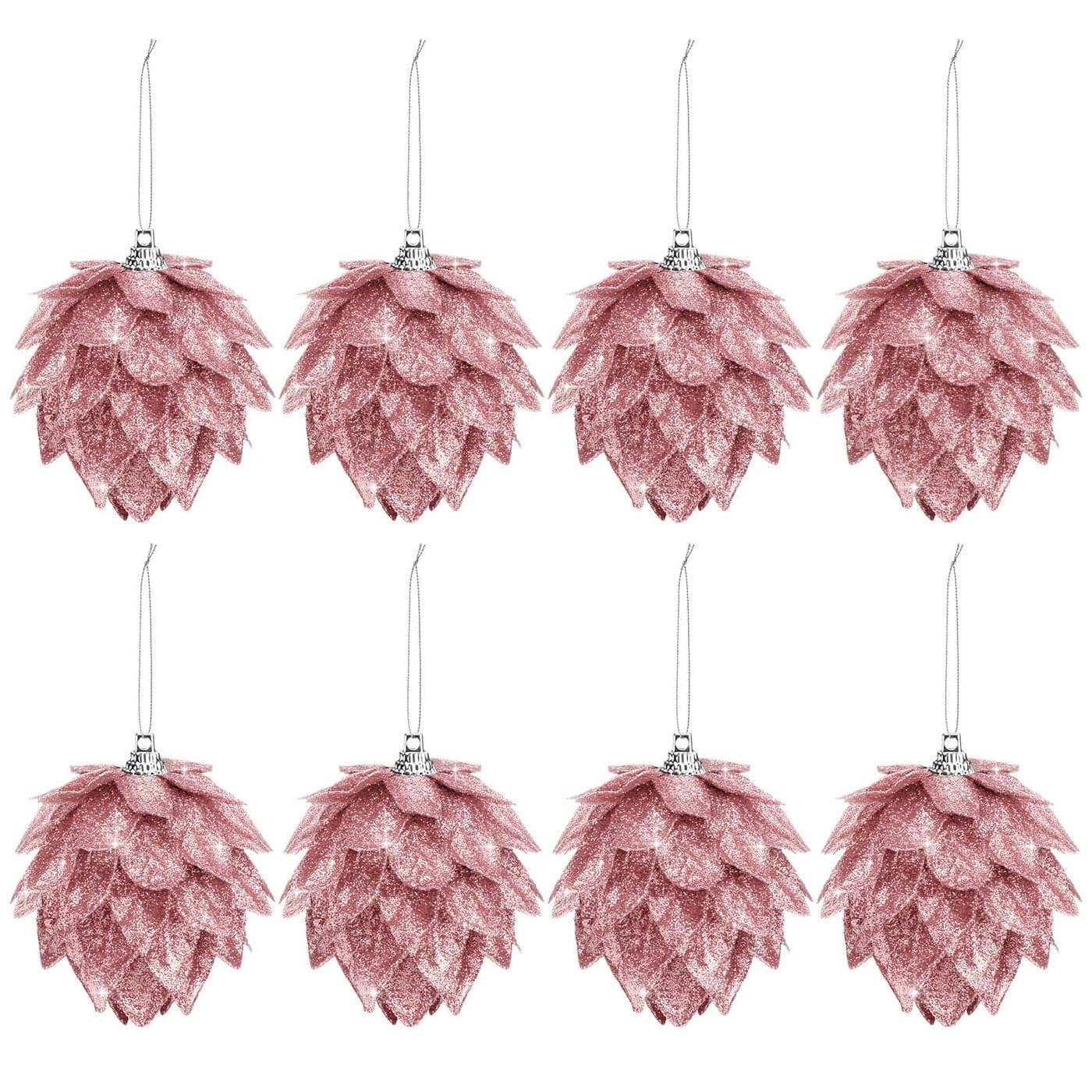 Jetec 8 Pieces Christmas Tree Ornaments Glitter Christmas Tree Hanging Decoration Decorative Artificial Pine Cones Flowers Hanging Ornaments for Winter Wreath Holiday DecorRose Gold