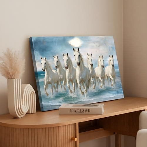 PAINTINGMANTRA Seven White Running Horses Wall Art Vastu Feng Shui Multicolor | Canvas Painting Stretched on Wood | Suits For Vastu-Friendly Place, Living Room, Bedroom, Hallways (16x22 Inch)
