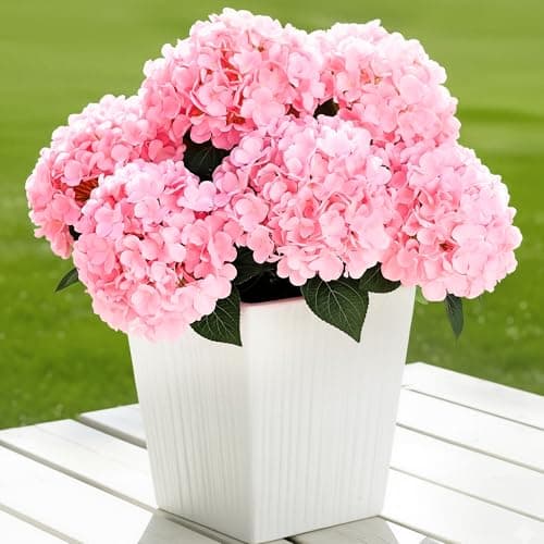 Auihiay 6 Bundles Hydrangea Artificial Flowers for Outdoors and Indoor Bulk 30 Heads UV Resistant Faux Hydrangea Flowers for Garden Porch Yard Window Box Outdoor Wedding Decoration Pink