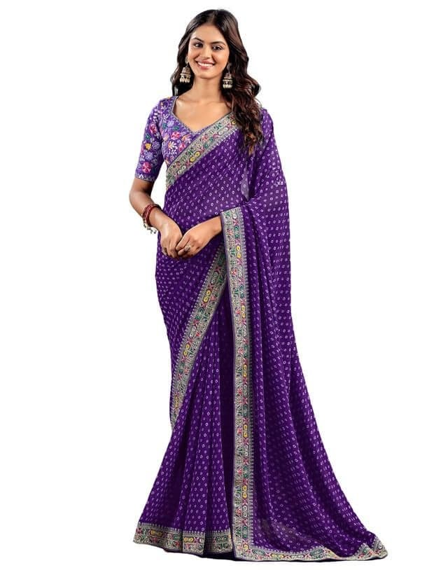 SIRIL Women's Georgette Bandhani Printed Embroidery Saree With Unstitched Blouse Piece (4115S904_Violet)