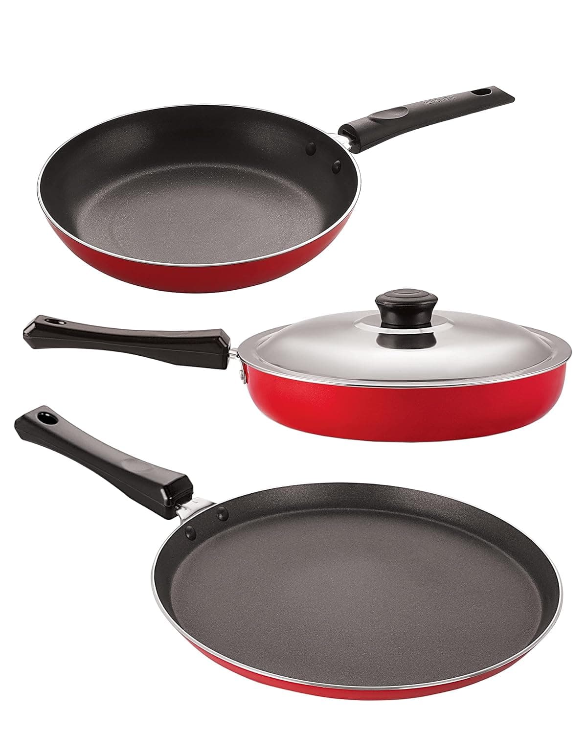 Nirlon Non-Stick Aluminium Cookware Set, 3-Pieces, Red & Black