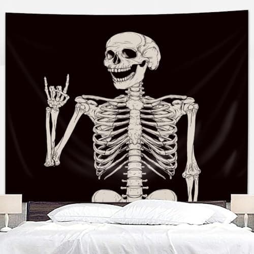 Riyidecor Skull Skeleton Tapestry Wall Hanging 51Hx59W Inch Funny Black and White Theme Home Decor for Men Women Gothic Hippie Halloween Bohemian Terror Rock and Roll Bedroom Living Room Dorm WW-SOKA