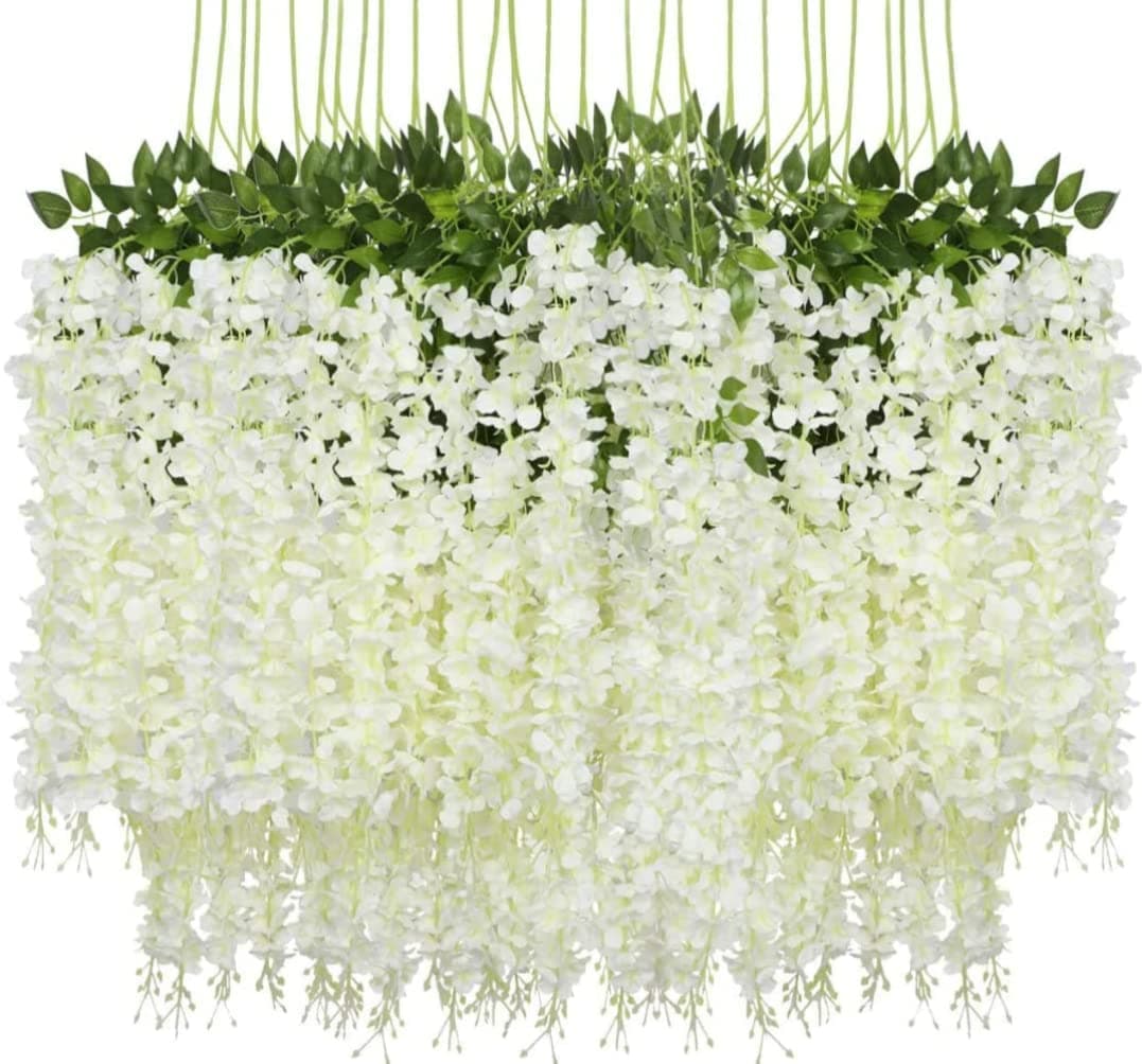 VRB Dec Pack of 12 (43.2Ft) Artificial Wisteria Vine| Ratta Fake Wisteria Hanging | Garland Silk Long Hanging Bush Flowers String for Home Party Wedding Decor (White, 12)