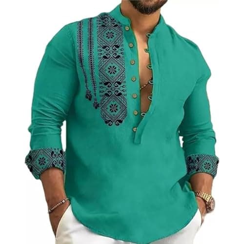 DEELMO Men's Cotton Blend Mandarin Collar Self One Design Full Sleeve Casual Short Kurta (Small, Rama)