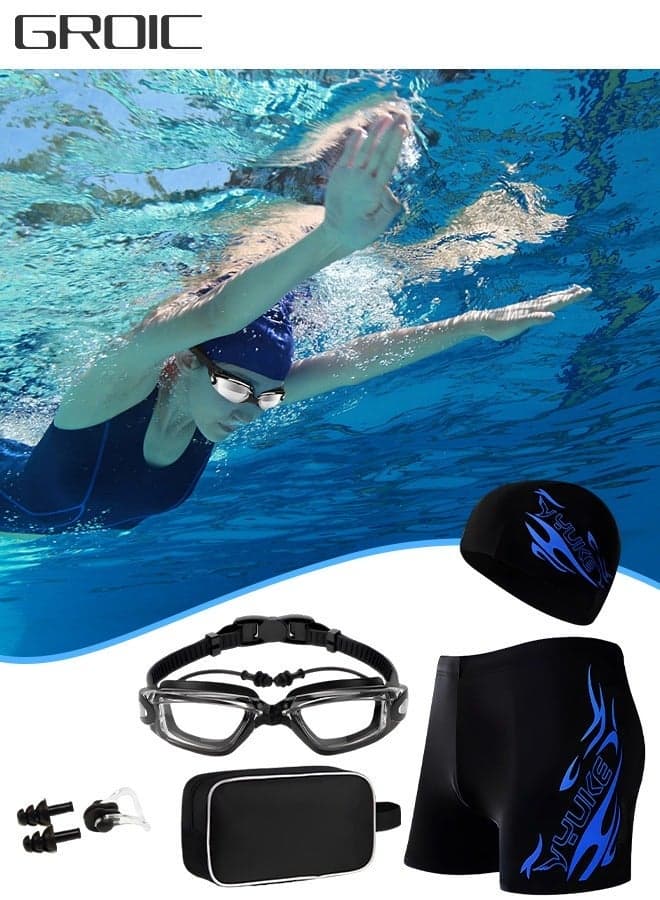 Swimming Goggles Set, Swim Cap Anti Fog UV Sunglasses Goggle Kit,Swimming Trunks,No Leaking with Nose Clip, Earplugs and Storage Bag,Swimming Suit