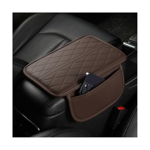 Sandfren Car Center Console Cover, Leather Vehicle Armrest Seat Box Pad Cushion with 2 Storage Bags, Automotive Interior Arm Rest Protector Accessories, Universal for SUV, Sedan, Truck (Coffee)