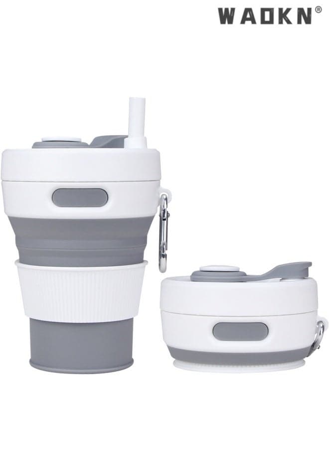 Silicone Collapsible Travel Mug Gray 450ml cup ,Leak-Proof Reusable Silicone Water Bottle for Hot and Cold Beverages , Travel Office and Home , Dishwasher Safe , Straw Included , Safe material , grey.