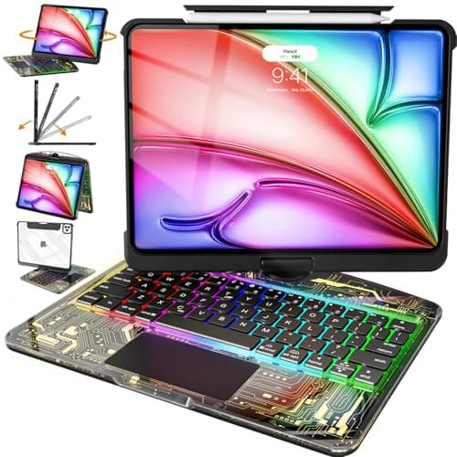 Intermerge Transparent Case with Keyboard for iPad Air 13"(M4/ M3/ M2, 2026/2025/ 2024) & Pro 12.9" (2022-2018) - 360° Swivel Multi-Touch Trackpad, 7-Color Backlit, Pencil Holder, Shadow Pulse