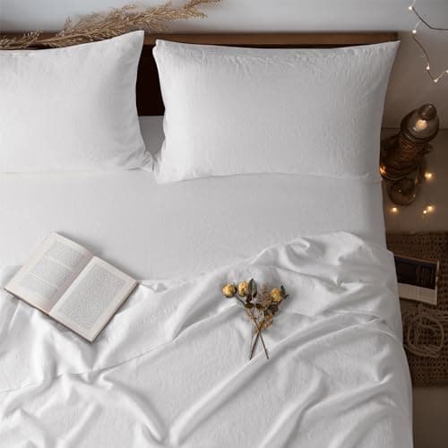 LBRO2M 100 Linen Sheet Set King Size Bed Sheets 4 Piece Sets Solid Color Natural Flax Bed Sheets Soft Breathable Bedding 16 Deep Pocket All Season King White