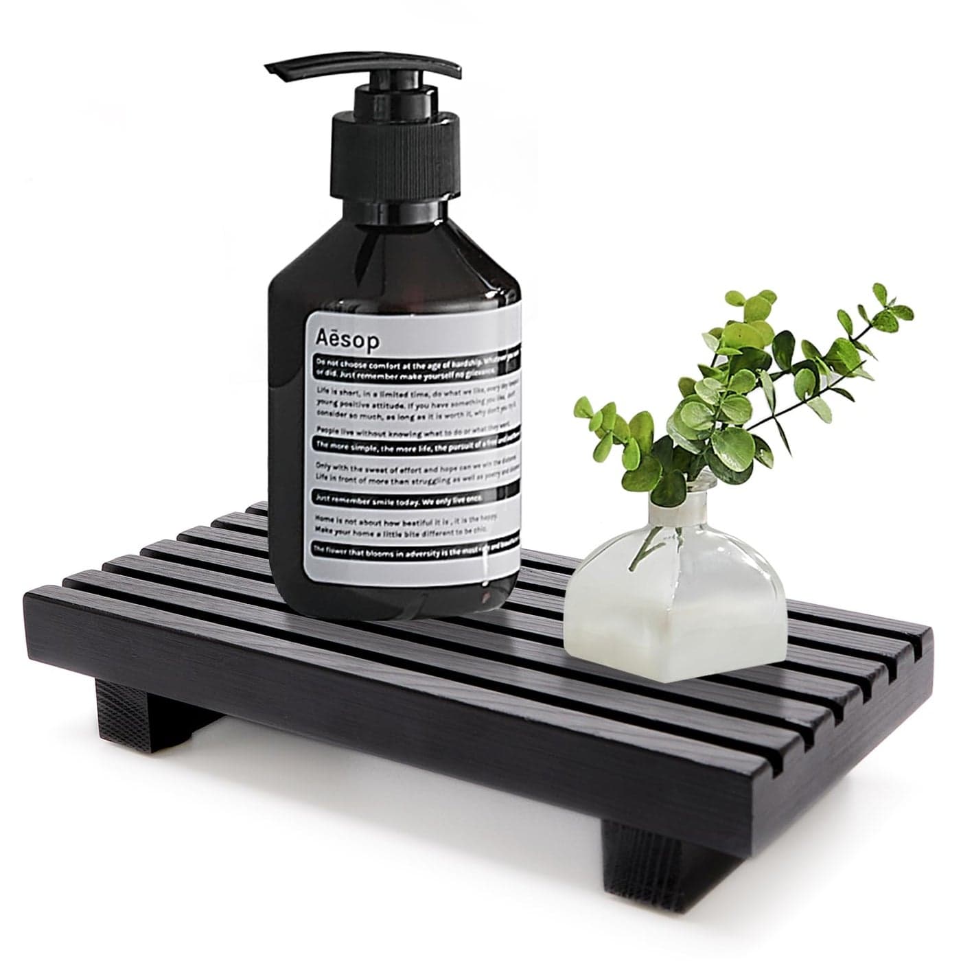Small Black Bathroom Decor Tray for Counter Dish Soap Holder Wooden Pedestal Stand for Kitchen Sink Soap Dispenser Wood Risers Kitchen Accessories Countertop Vanity Counter Sponge Sink Tray