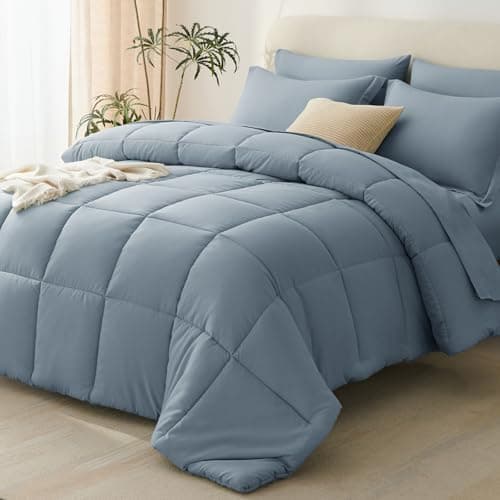 CozyLux King Size Comforter Set Grayish Blue - 7 Pieces Bed in a Bag King, Okeo-Tex Certifited Bedding Set, All Season Soft Bed Set with Down Alternative Comforter, Sheets, Pillowcases & Pillow Shams