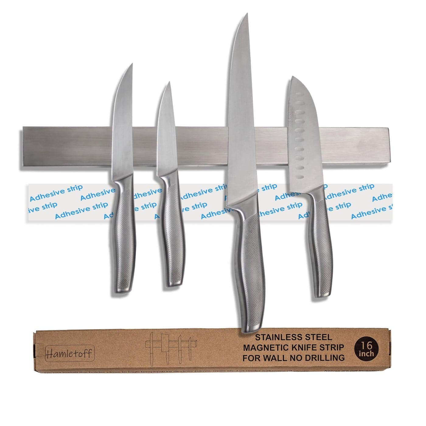 Hamletoff Premium Magnetic Knife Holder for Wall no Drilling 16 Inch Stainless Steel Magnetic Knife Holder Self Adhesive Kitchen Magnetic Knife Strip with Adhesive Sticker Upgraded Adhesive Tape