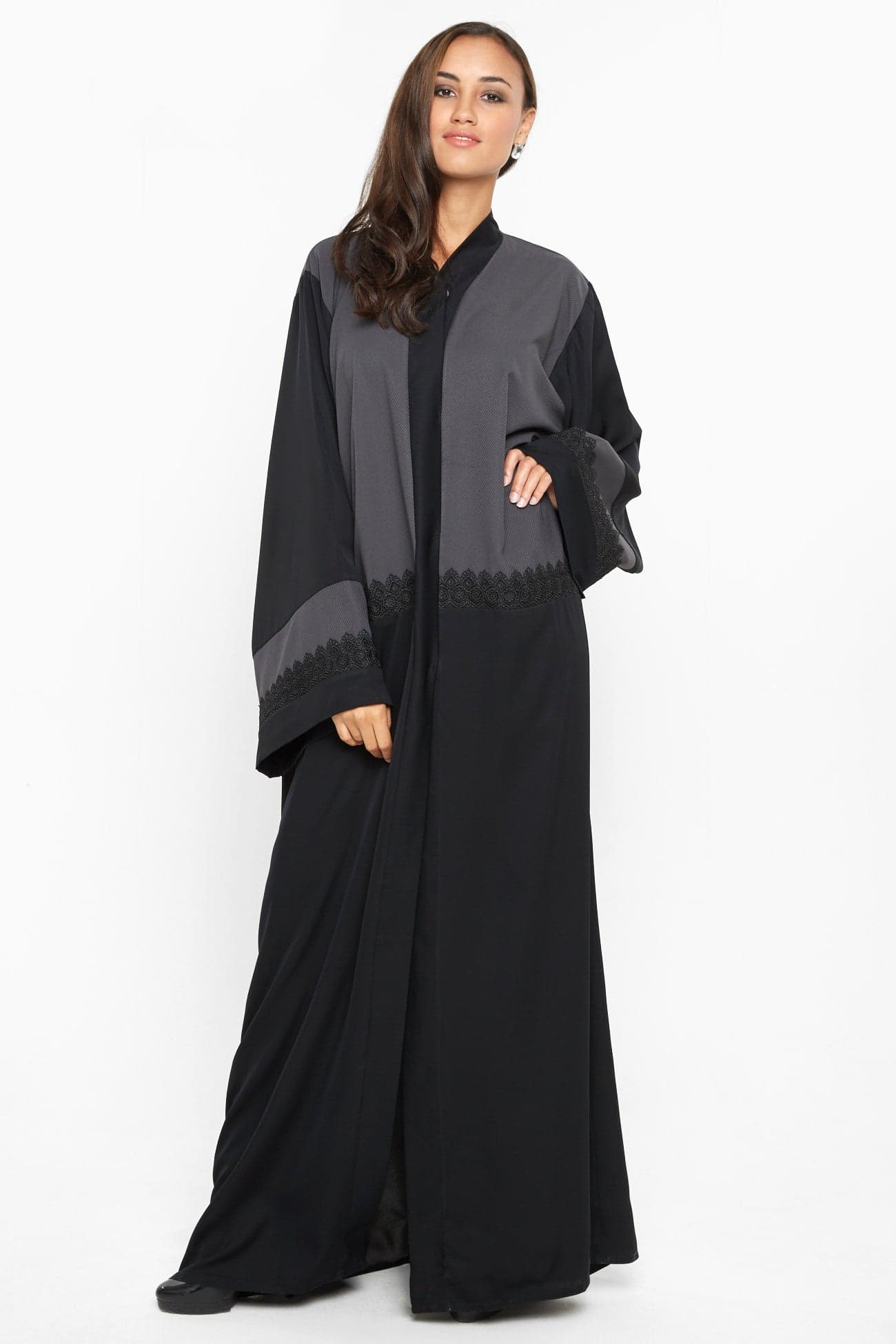 A casual abaya in black and grey with black lace detailing -AJ578A