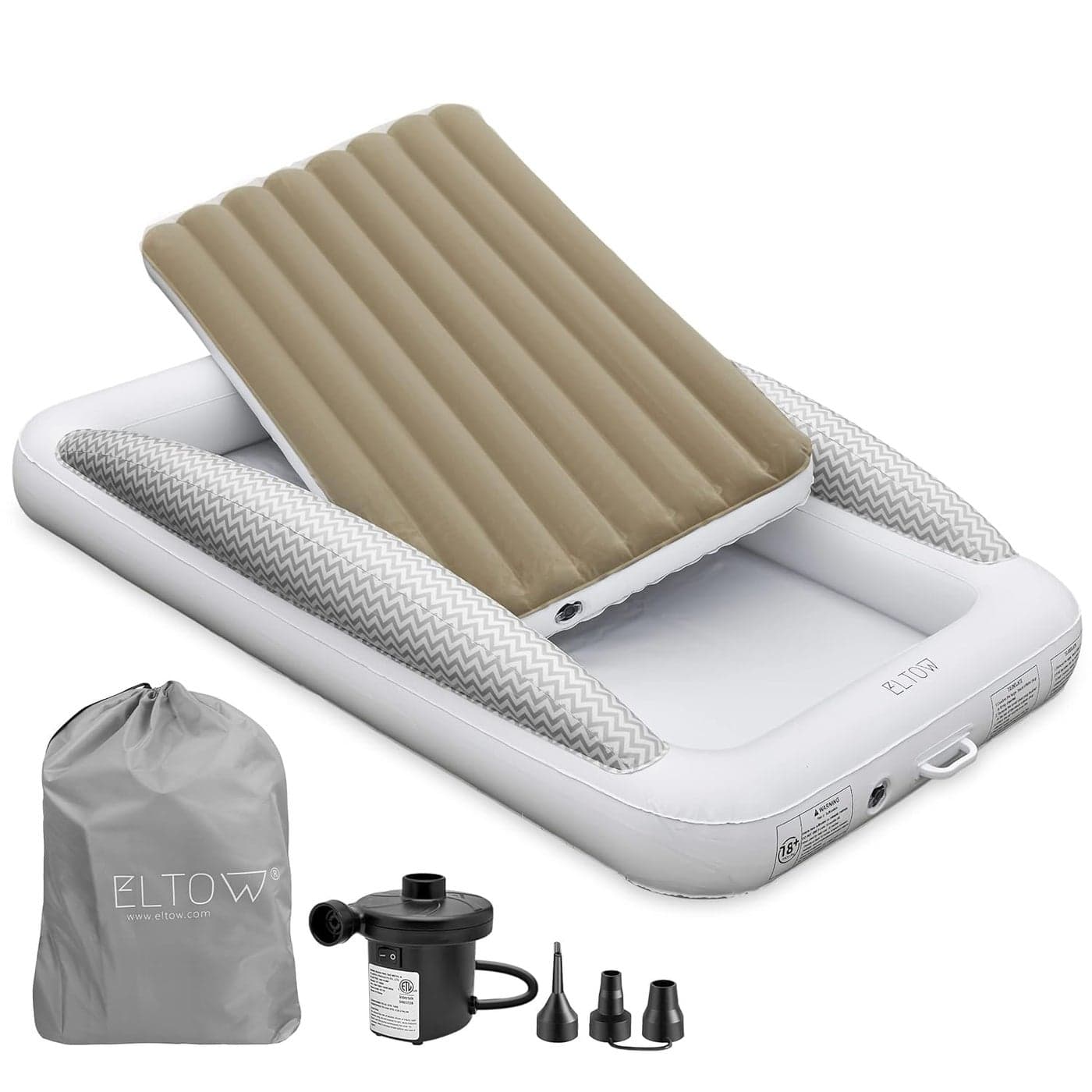 ELTOW Inflatable Toddler Travel Bed with Safety Bumpers Portable Kids Air Mattress for Travel Complete Toddler Air Mattress Set with HighSpeed Pump Carry Bag Gray Chevron
