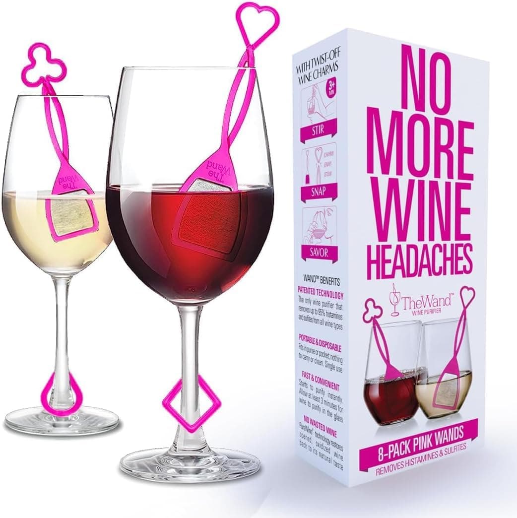 PureWine Pink Wand Filters Histamines and Sulfites May Reduce and Alleviate Wine Allergies Sensitivities Purifier Aerates Wine Restore Taste Purity Includes Wine Glass Charm Accessory