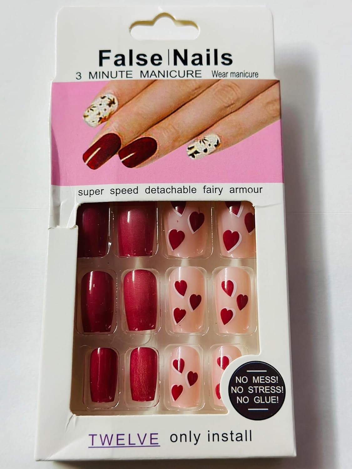 Stick On Nails Short Clefairy Square French Tip False Nails With Glue 24Pcs Soft Gel Press On Nails in 12 Sizes Reusable SemiTransparent Glue On Fake Nails for Woman French Girl Pink Heart