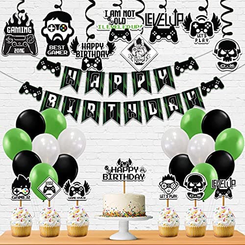Festiko® Video Game Theme Happy birthday Party Decoration Combo (36 Pcs), Video Games party Favors for Kids Birthday Decoration(Banner/Bunting,Swirls,Balloons,Cake Toppers,Cup Cake Topper,Ribbons)