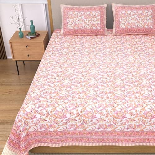 EasyGoods® 100% Pure Cotton Jaipuri Bedsheet with Pillow Covers | Soft & Breathable Fabric | Traditional Floral Print | Cotton Bedsheet (Orange 2, King)