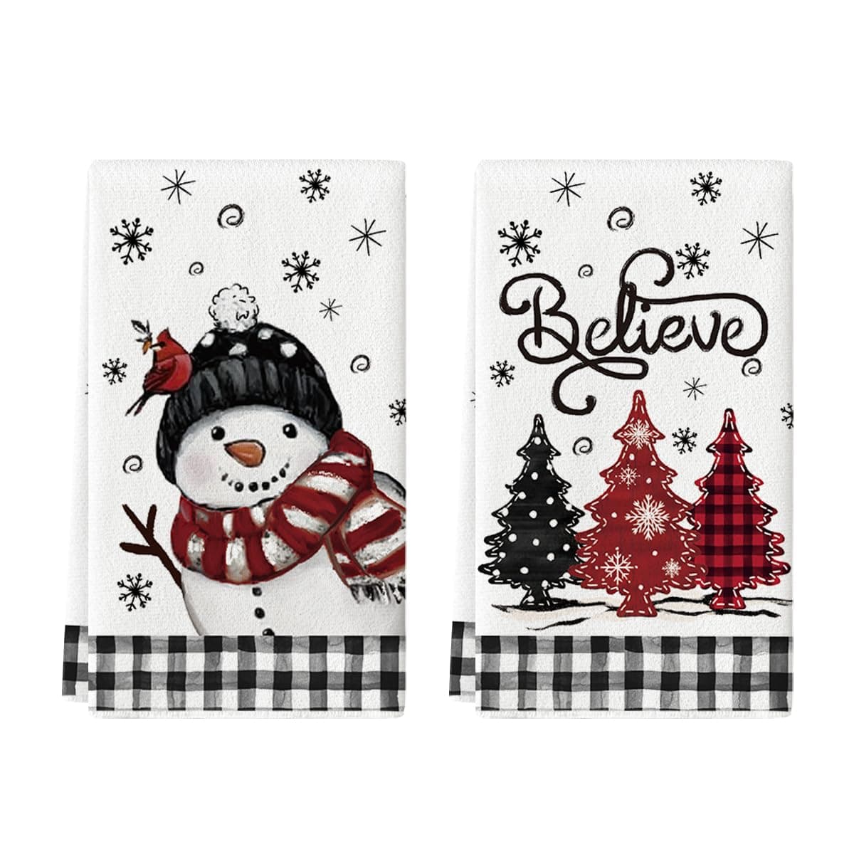Artoid Mode Black Red Xmas Tree Snowman Christmas Kitchen Towels Dish Towels 18x26 Inch Holiday Bird Believe Winter Decoration Hand Towels Set of 2