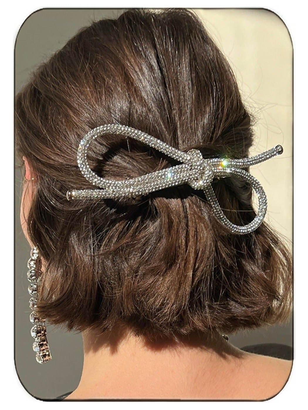 JAKAWIN Rhinestone Hair Clip Silver Crystal Bowknot Clips for Women FJ010 1 Silver