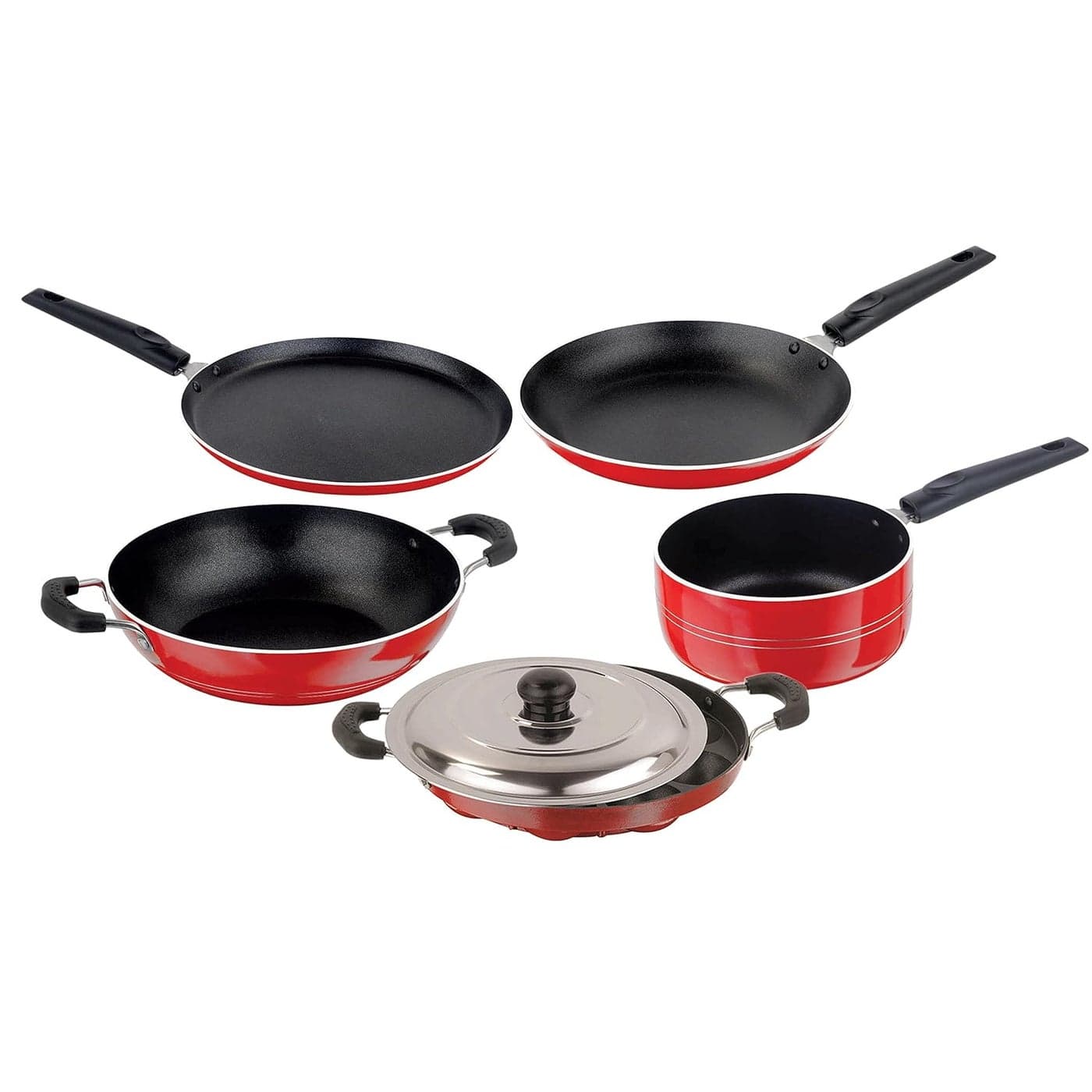 NIRLON Aluminium Non Stick Cookware Flat Tawa/Sauce Pan/Kadhai/ Tapper Pan/Appapatram with Lid - Set of 5 (Red, Black)