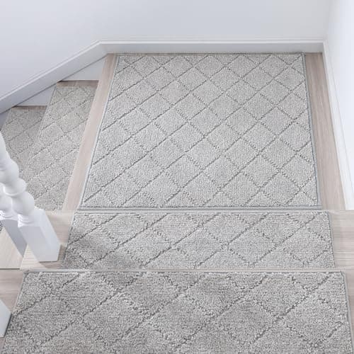 COSY HOMEER Edging Stair Treads Non-Slip Corner Indoor Stair Runners for Wooden Steps,Landing Slip Resistant Stair Rugs Mat for Kids and Dogs,100% Polyester TPE Backing,Grey,30x30 inch