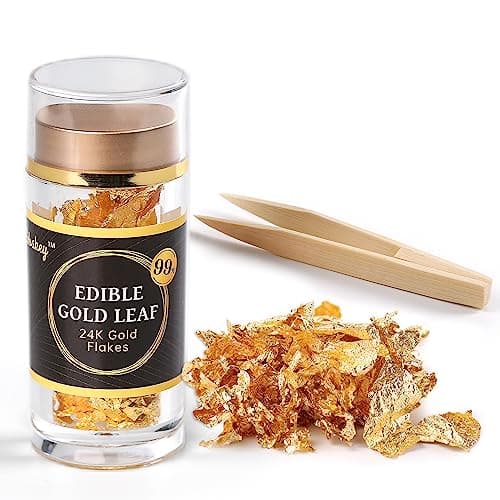 Cobakey Genuine Edible Gold Leaf Flakes 50mg Edible Gold Flakes for Cake Decoration Cupcake Chocolate Steak Drink Cooking PureGold Leaf with Edible Glitter Wooden Tweezers