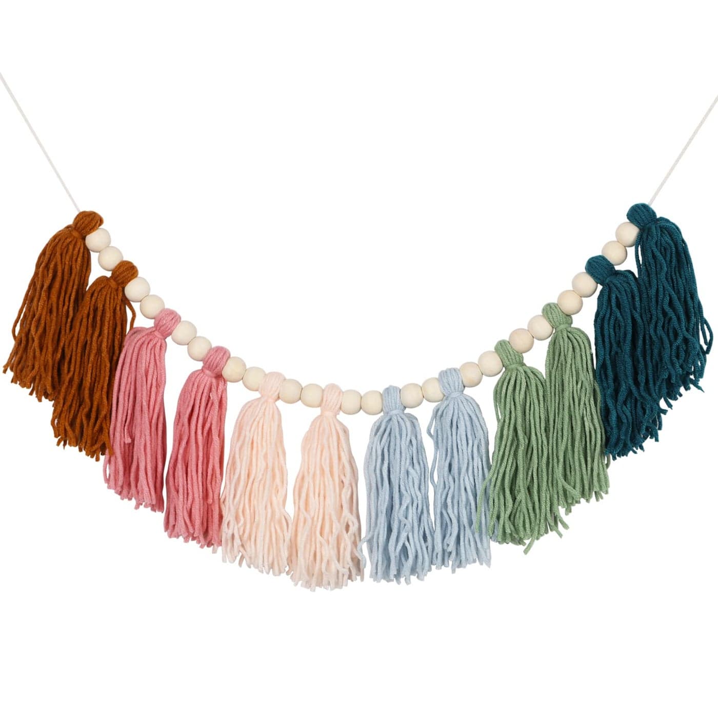 XMGZQ Colorful Tassel Garland Boho Tassel Garland with Wood Beads Macrame Woven Tassel Garland Banner Wall Hangings Decorative for Kids Bedroom Nursery Party Holiday Classroom Decoration B