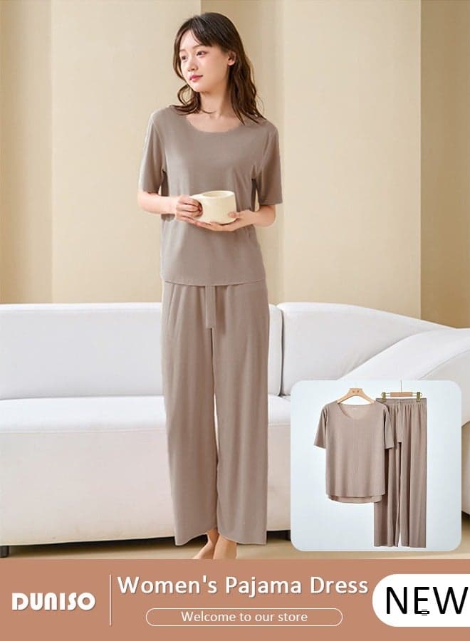 Women's Pajama Set, Summer Round Comfortable Neck Short Sleeve and Waist Elastic Pants, Lightweight Breathable Ice Silk Loungewear, Casual Pajama Suit for Women Girls Ladies