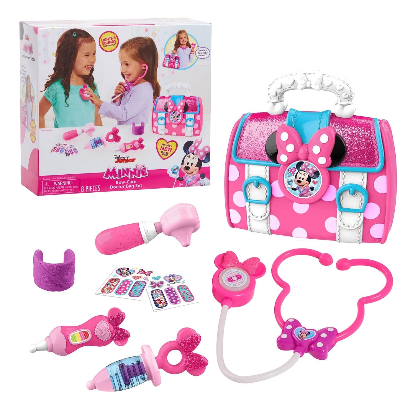 Disney Junior Minnie Mouse Bow-Care 8-piece Doctor Kit for Toddlers Ages 3-5, Lights and Sounds Stethescope, Officially Licensed, Pink, Preschool Pretend Play Kids Toys by Just Play