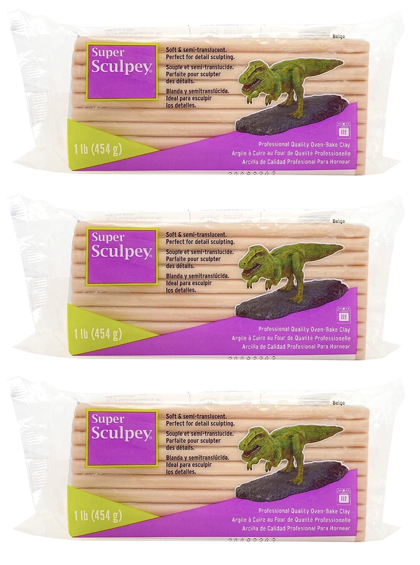 Super Sculpey Beige OvenBake Clay CeramicLike Sculpturing Compound SemiTranslucent Finish Shatter and Chip Resistant 1 LB Pack of 3