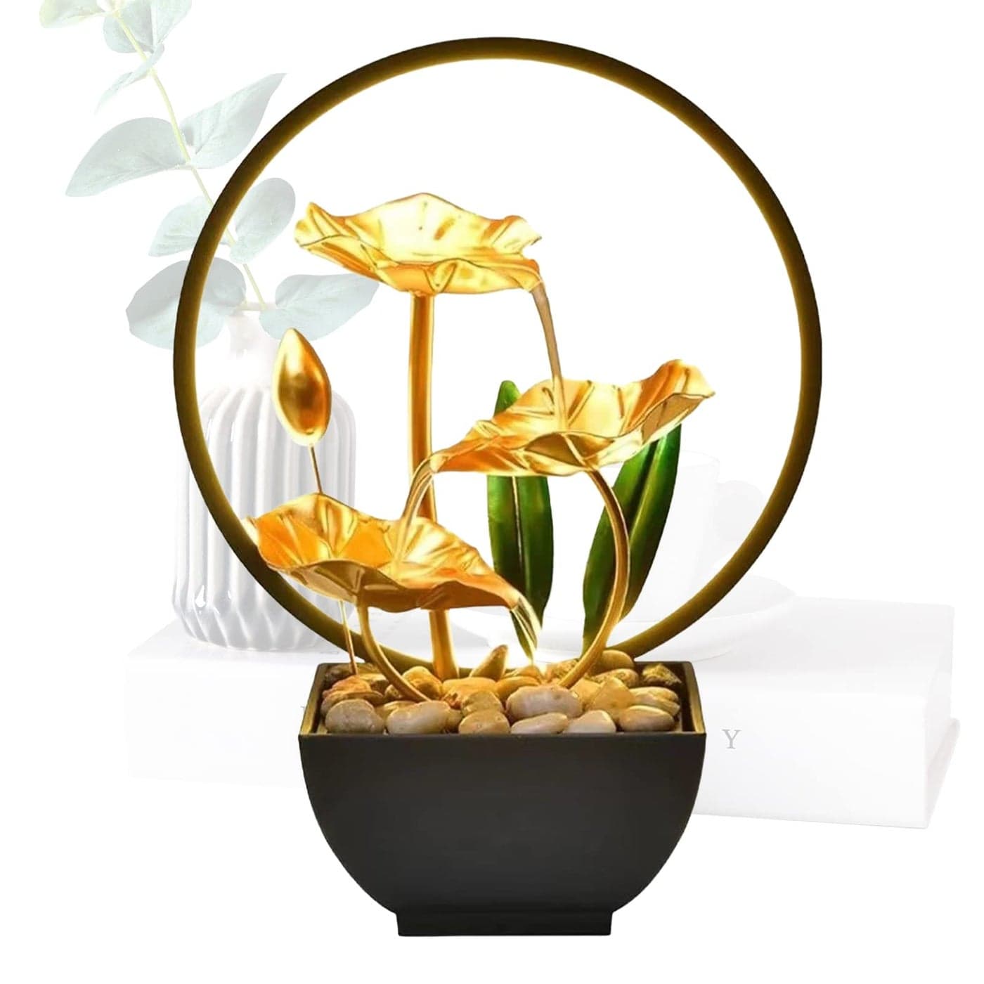 Tuzsocr Indoor Tabletop Fountain3Tiers Lotus Leaf Small Waterfall FountainsResin Meditation FountainZen Relaxation FountainWith LED Light And Pebblesfor Home Bedroom Office Yuga Decor Style 2
