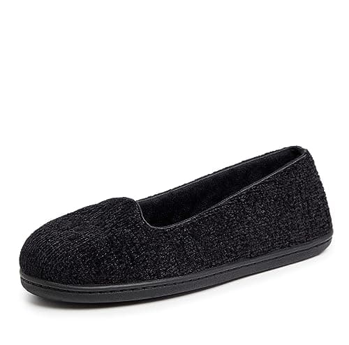 Dearfoams Women's Rebecca Lightweight Cozy Memory Foam Closed Back Slipper with Wide Widths, Black Chenille, 9-10