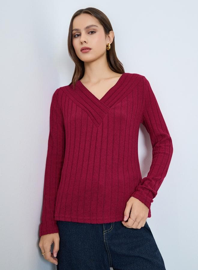 Maroon Ribbed V-Neck Long Sleeve Top