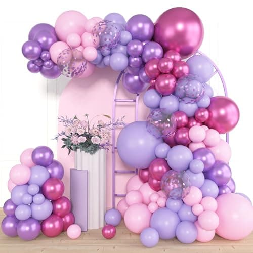 Amandir 153pcs Pink Purple Balloon Garland Arch Kit Different Sizes 18 12 10 5 inch Pink Purple Red Latex Metallic Confetti Purple Balloons for Girl Women Birthday Bridal Baby Shower Party Decoration