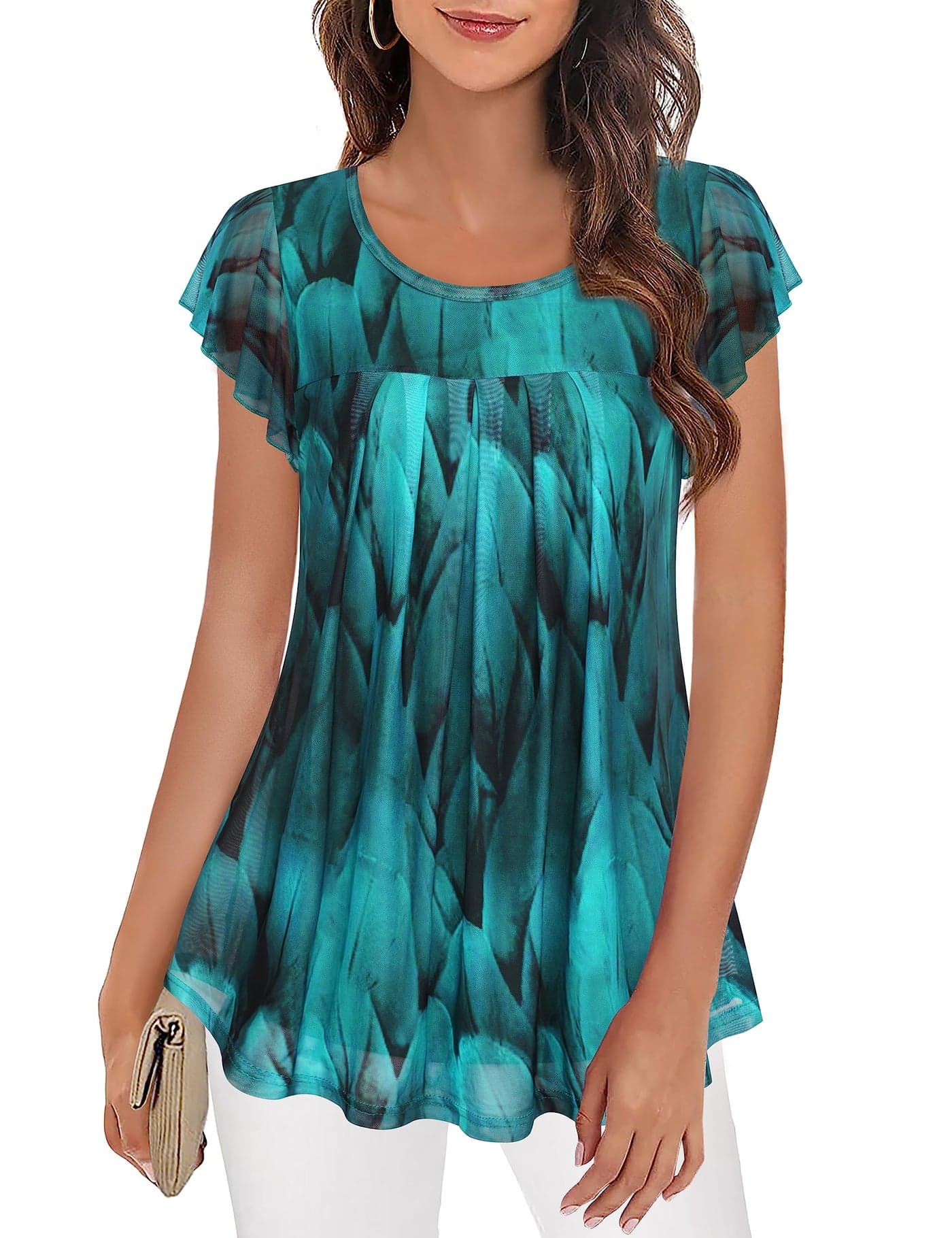 Plus Size Blouse for Women,Furnex Womens Short Sleeve Tunics Dressy Blouses Ladies Tops and Blouses Business Casual Top Pleated Front Layersed Shirt for Women Tunic Tops for Leggings Peacock Blue XXXL