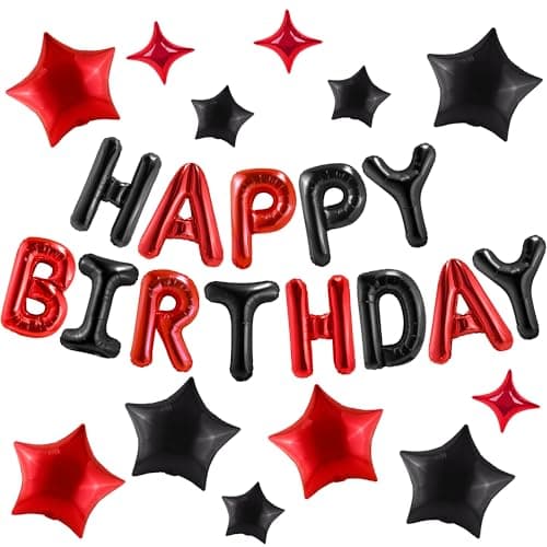CANREVEL Happy Birthday Banner 13pcs 16 Inch Mylar Foil Letters with 12pcs Star Balloons Birthday Party Decorations for Kids and Adults - 3D Black Red